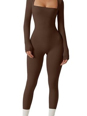 Brown Long Sleeve Square Neck Jumpsuit